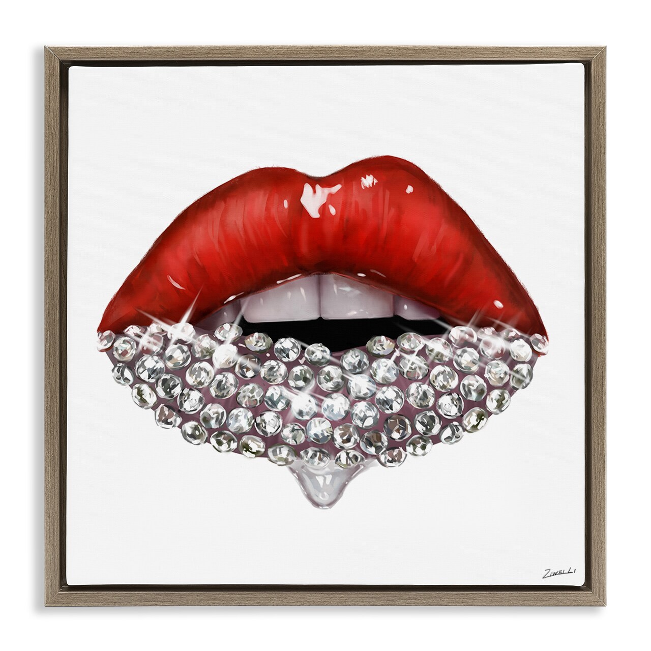 Stupell Industries Red Glam Lips with Gemstones Framed Floater Canvas Wall Art